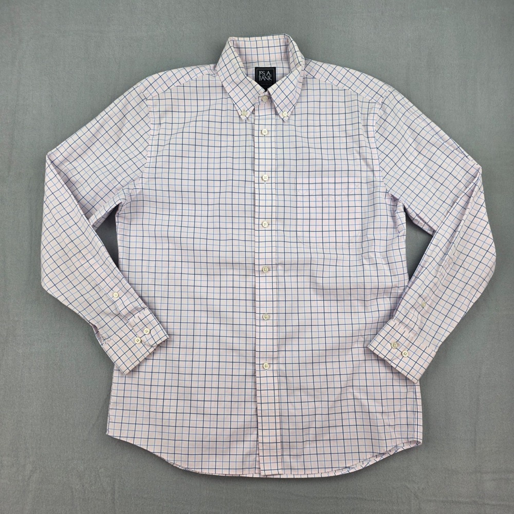 Jos A Bank Button Down Shirt Mens M Pink Blue Plaid Traveler Tailored Fit Cotton